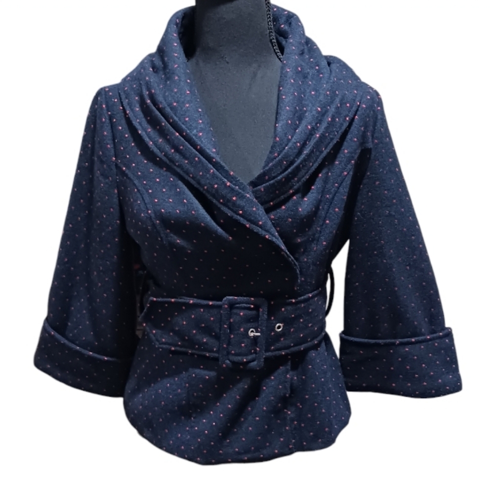 Tulle Belted Cropped Polka Dot Pea Coat Navy Red 50s Inspired